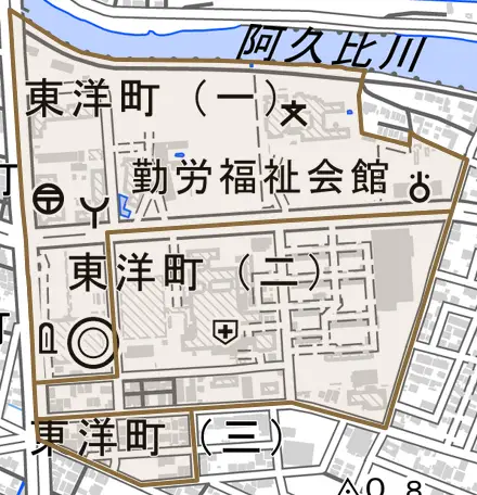 東洋町とその周辺の地図。町の範囲を重ねている