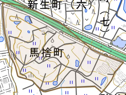 馬捨町とその周辺の地図。町の範囲を重ねている