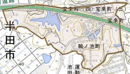 鵜ノ池町とその周辺の地図。町の範囲を重ねている