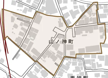 山ノ神町とその周辺の地図。町の範囲を重ねている