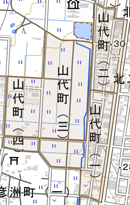 山代町とその周辺の地図。町の範囲を重ねている