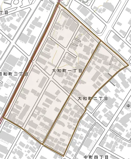 大和町とその周辺の地図。町の範囲を重ねている