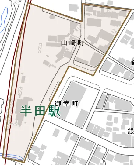 山崎町とその周辺の地図。町の範囲を重ねている
