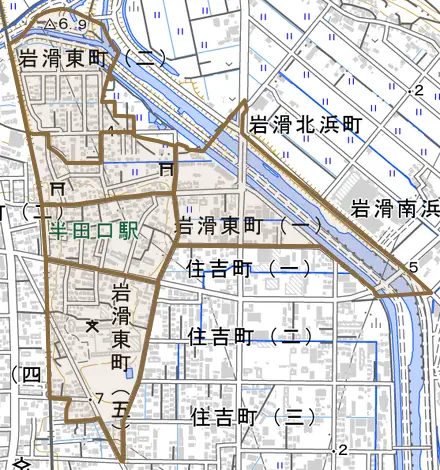 岩滑東町とその周辺の地図。町の範囲を重ねている