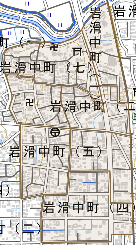 岩滑中町とその周辺の地図。町の範囲を重ねている