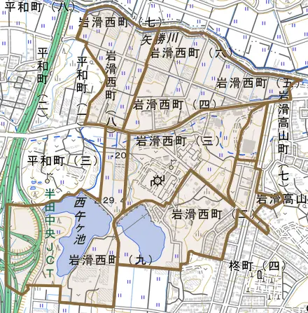 岩滑西町とその周辺の地図。町の範囲を重ねている