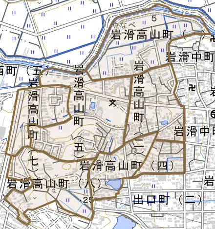 岩滑高山町とその周辺の地図。町の範囲を重ねている