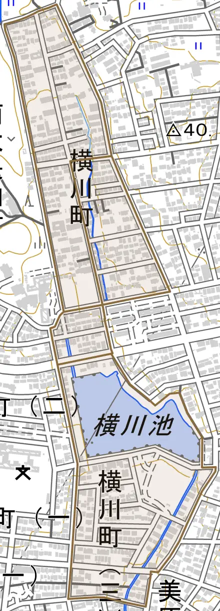 横川町とその周辺の地図。町の範囲を重ねている