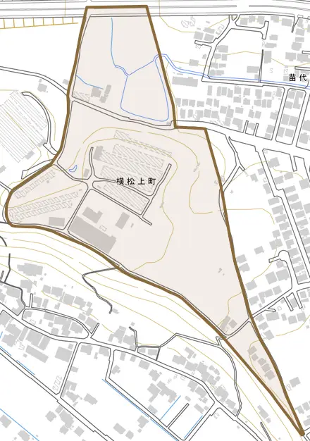横松上町とその周辺の地図。町の範囲を重ねている
