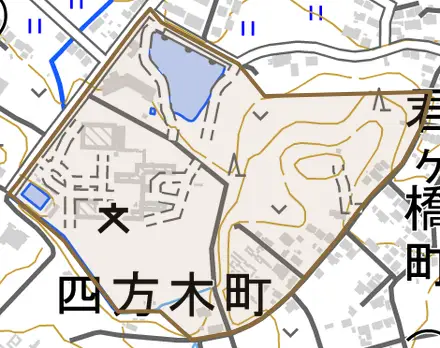 四方木町とその周辺の地図。町の範囲を重ねている