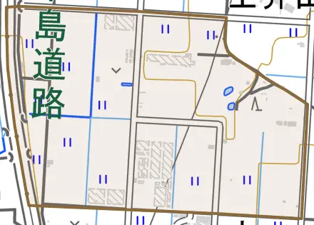 葭谷町とその周辺の地図。町の範囲を重ねている