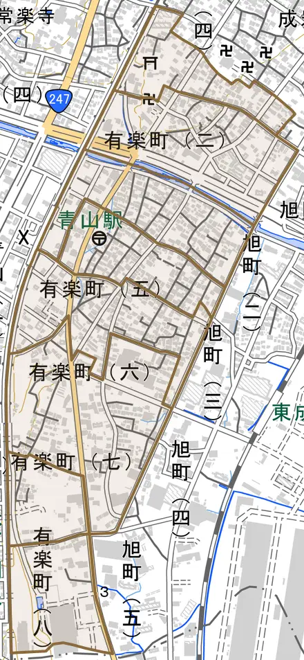 有楽町とその周辺の地図。町の範囲を重ねている