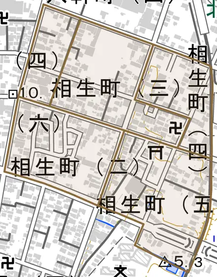 相生町とその周辺の地図。町の範囲を重ねている