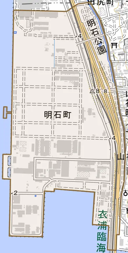 明石町とその周辺の地図。町の範囲を重ねている