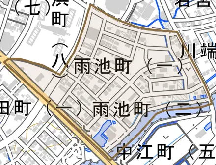 雨池町とその周辺の地図。町の範囲を重ねている