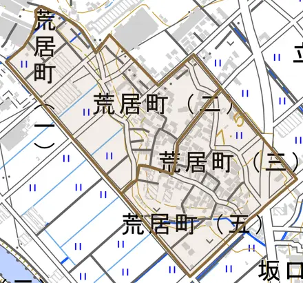 荒居町とその周辺の地図。町の範囲を重ねている