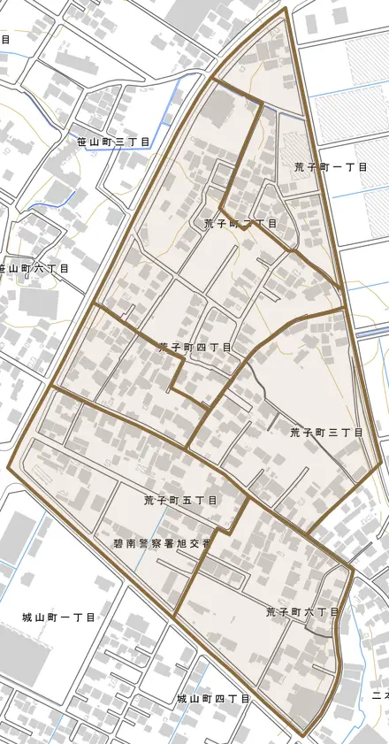 荒子町とその周辺の地図。町の範囲を重ねている