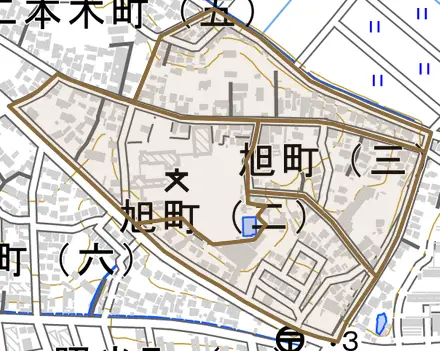 旭町とその周辺の地図。町の範囲を重ねている