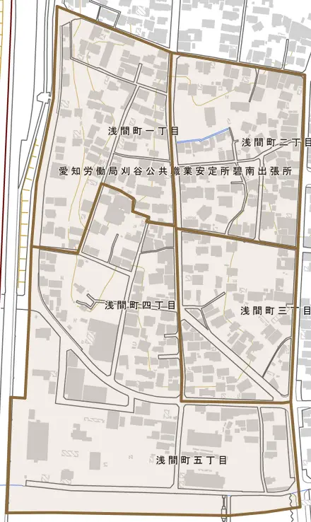 浅間町とその周辺の地図。町の範囲を重ねている