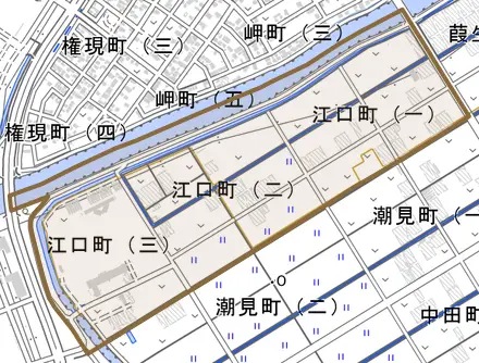 江口町とその周辺の地図。町の範囲を重ねている