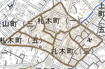 札木町とその周辺の地図。町の範囲を重ねている