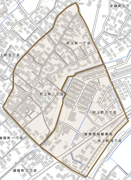 吹上町とその周辺の地図。町の範囲を重ねている