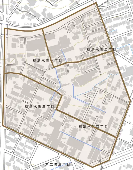 福清水町とその周辺の地図。町の範囲を重ねている