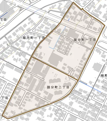 踏分町とその周辺の地図。町の範囲を重ねている