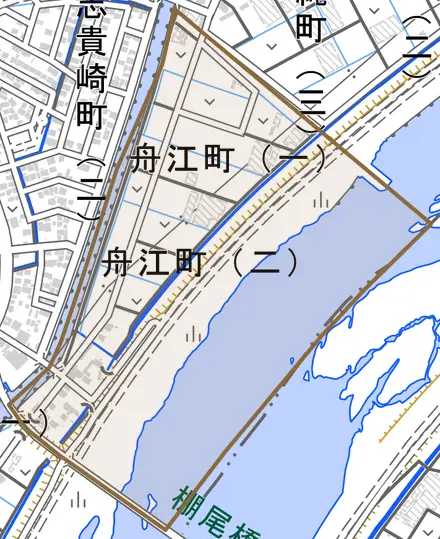 舟江町とその周辺の地図。町の範囲を重ねている