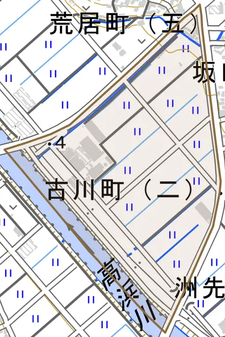 古川町とその周辺の地図。町の範囲を重ねている