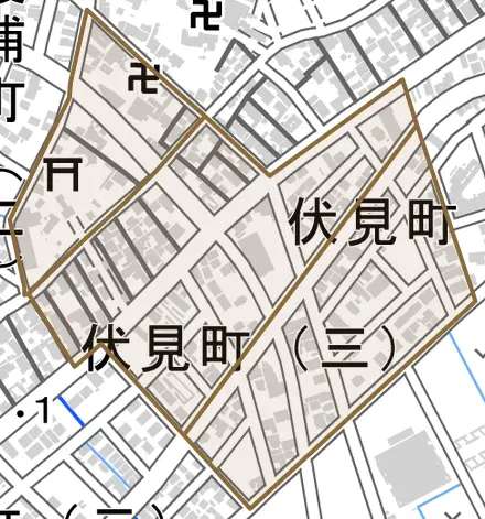 伏見町とその周辺の地図。町の範囲を重ねている