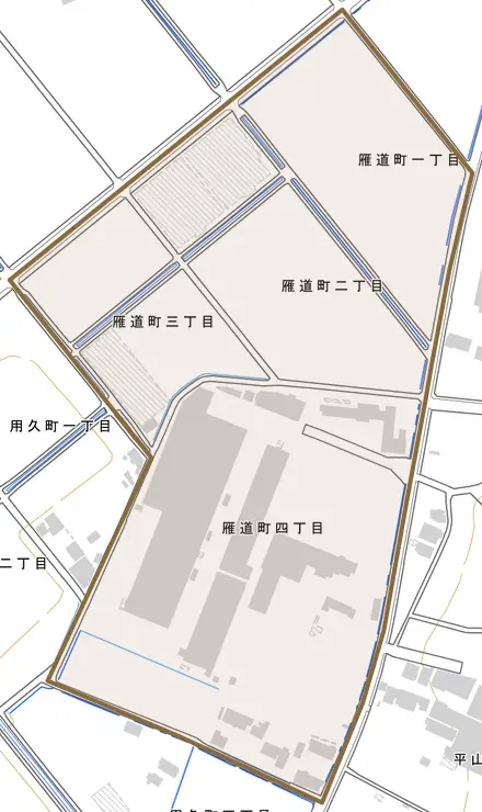 雁道町とその周辺の地図。町の範囲を重ねている