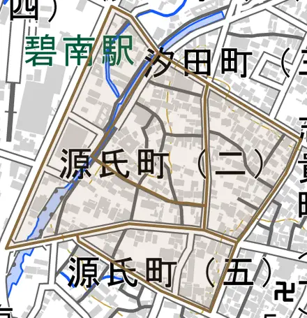 源氏町とその周辺の地図。町の範囲を重ねている