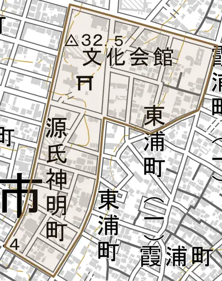 源氏神明町とその周辺の地図。町の範囲を重ねている