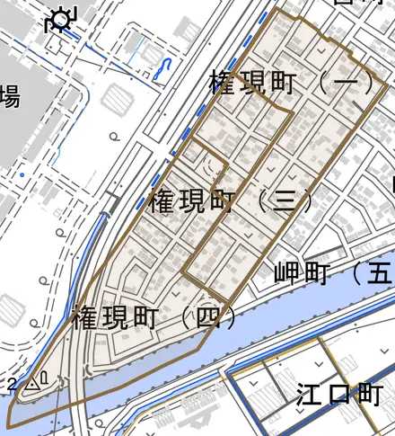 権現町とその周辺の地図。町の範囲を重ねている