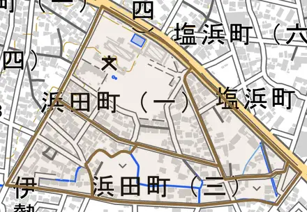 浜田町とその周辺の地図。町の範囲を重ねている