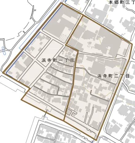 浜寺町とその周辺の地図。町の範囲を重ねている