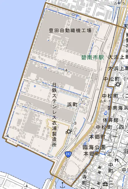 浜町とその周辺の地図。町の範囲を重ねている