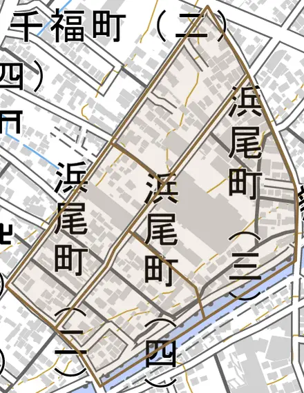 浜尾町とその周辺の地図。町の範囲を重ねている