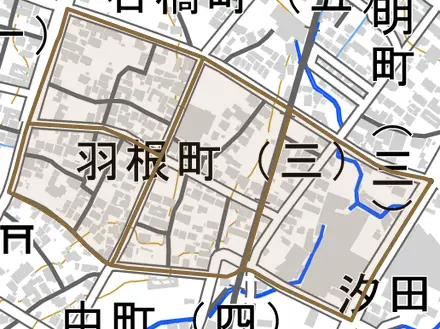 羽根町とその周辺の地図。町の範囲を重ねている