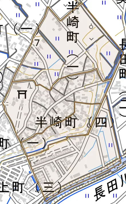 半崎町とその周辺の地図。町の範囲を重ねている