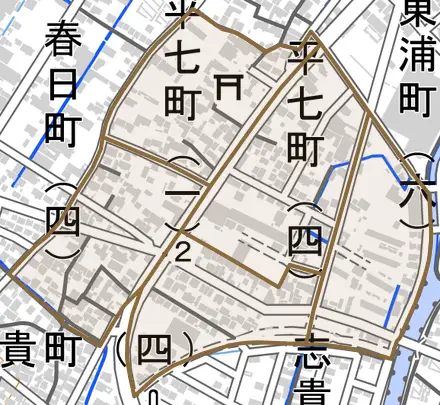 平七町とその周辺の地図。町の範囲を重ねている