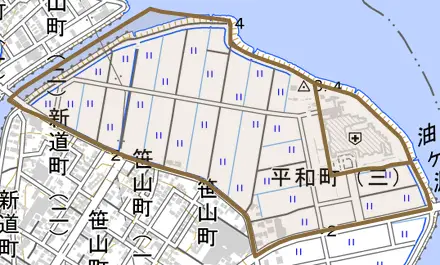 平和町とその周辺の地図。町の範囲を重ねている