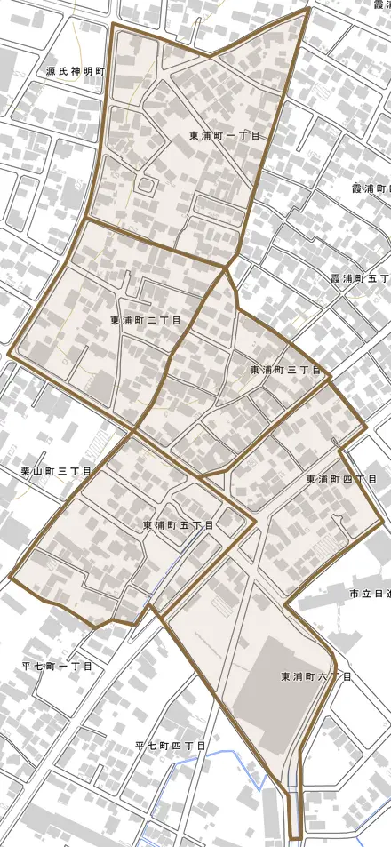 東浦町とその周辺の地図。町の範囲を重ねている