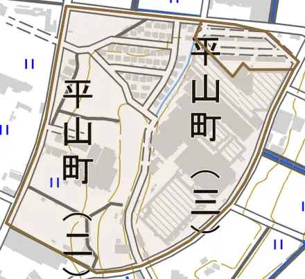平山町とその周辺の地図。町の範囲を重ねている