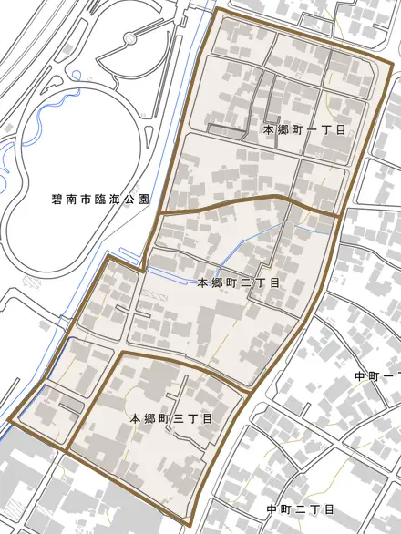 本郷町とその周辺の地図。町の範囲を重ねている