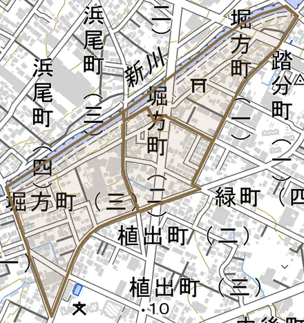 堀方町とその周辺の地図。町の範囲を重ねている