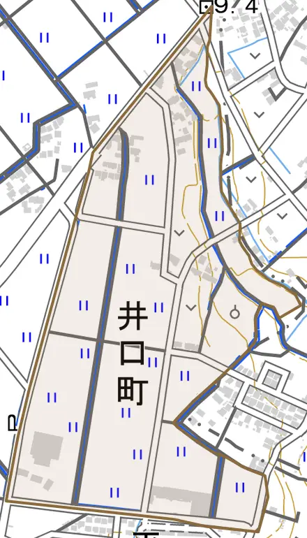 井口町とその周辺の地図。町の範囲を重ねている