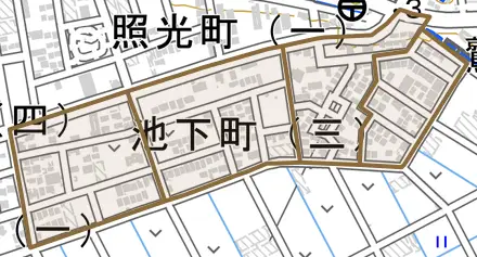 池下町とその周辺の地図。町の範囲を重ねている