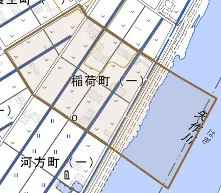 稲荷町とその周辺の地図。町の範囲を重ねている